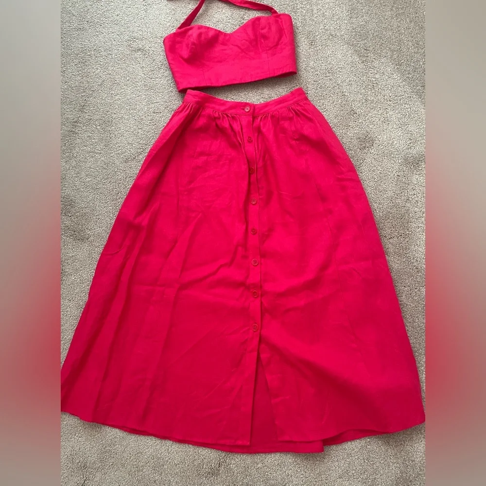 Reformation Orzo Linen Two Piece Midi skirt and top pink size 0